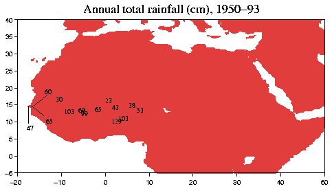 The annual 
totals are plotted on a map and rainfall totals decrease with latitude.