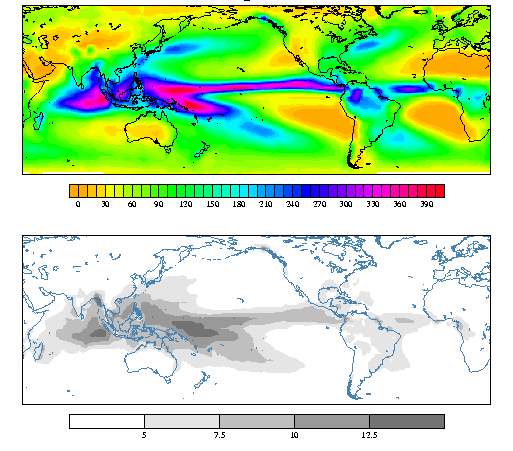 Image indicates largest rainfall 
amounts over the oceans, with the deep convective regions of the
 western 
 Pacific emphasized over the eastern Pacific (c.f. MSU).  Wetter places
 are more variable.